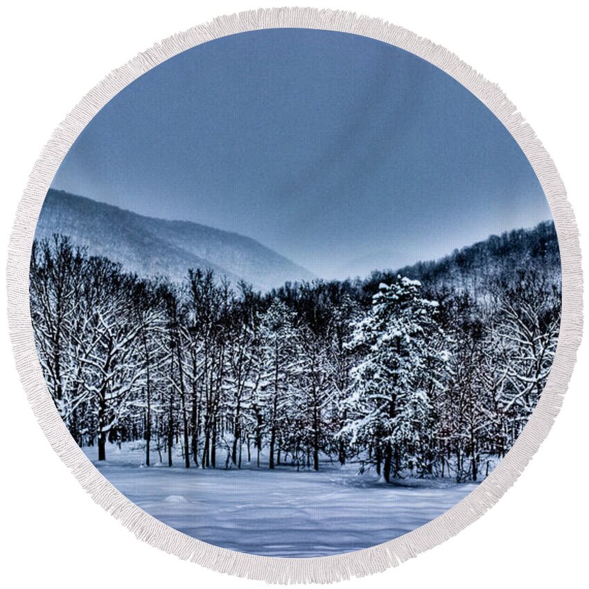 Snow Round Beach Towel featuring the photograph HDR Snow Trees by Jonny D