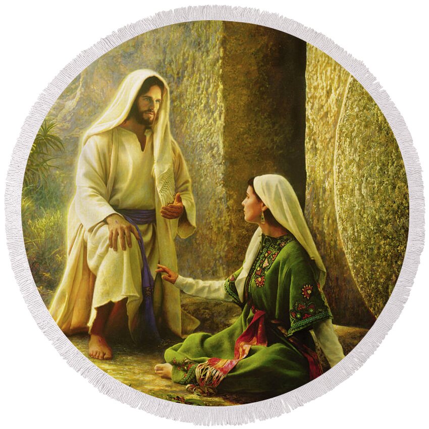 Jesus Round Beach Towel featuring the painting He is Risen by Greg Olsen