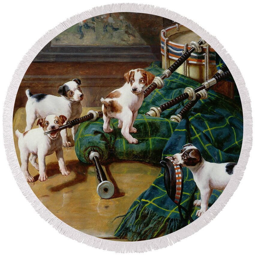 He Who Pays The Piper Calls The Tune By John Hayes Round Beach Towel featuring the painting He Who Pays the Piper Calls the Tune by John Hayes