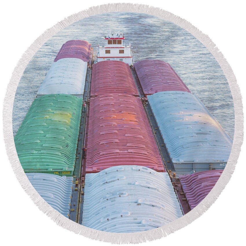 Boats Round Beach Towel featuring the photograph Heading Upriver by Holly Ross