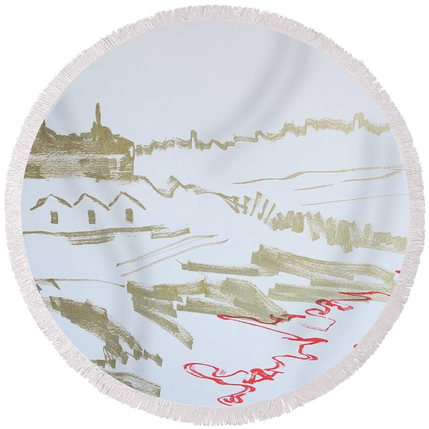 Headland Hotel Round Beach Towel featuring the drawing Headland Hotel Fistral Beach by Mike Jory
