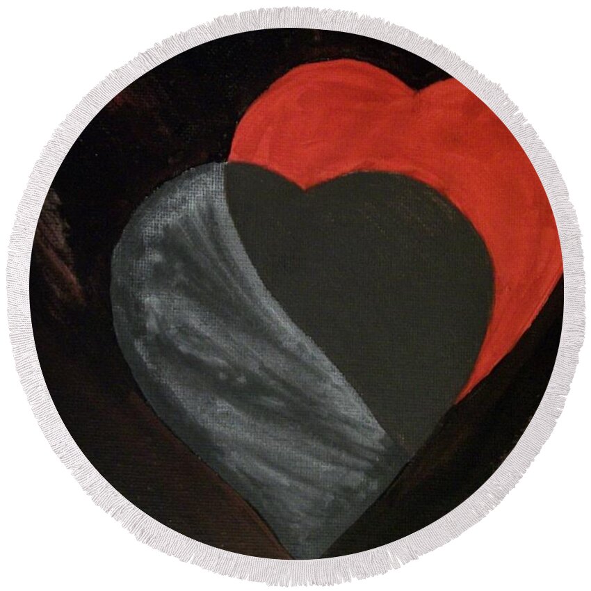 Red Round Beach Towel featuring the painting Heart Blocker by Laurette Escobar