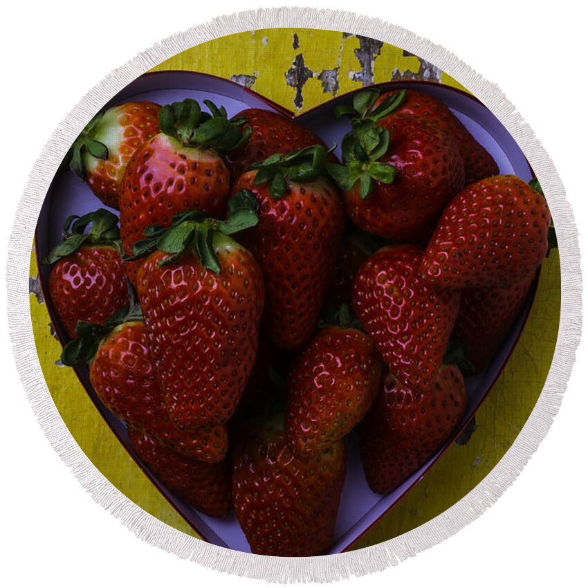Strawberry Round Beach Towel featuring the photograph Heart Box Full Of Strawberries by Garry Gay
