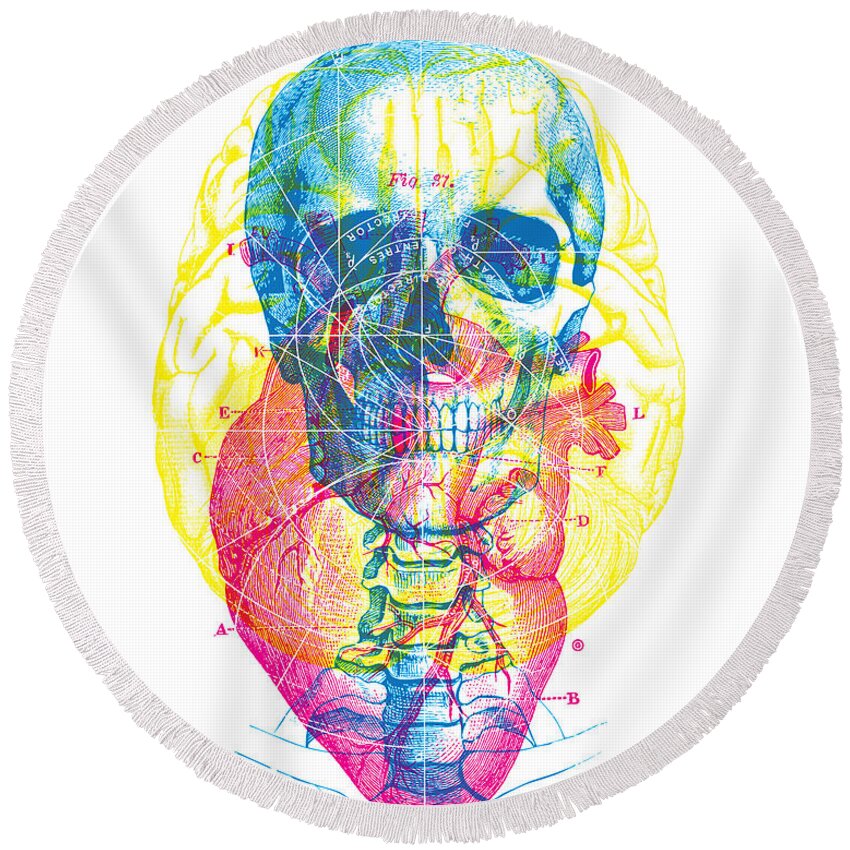 Vector Round Beach Towel featuring the painting Heart Brain Skull by Gary Grayson