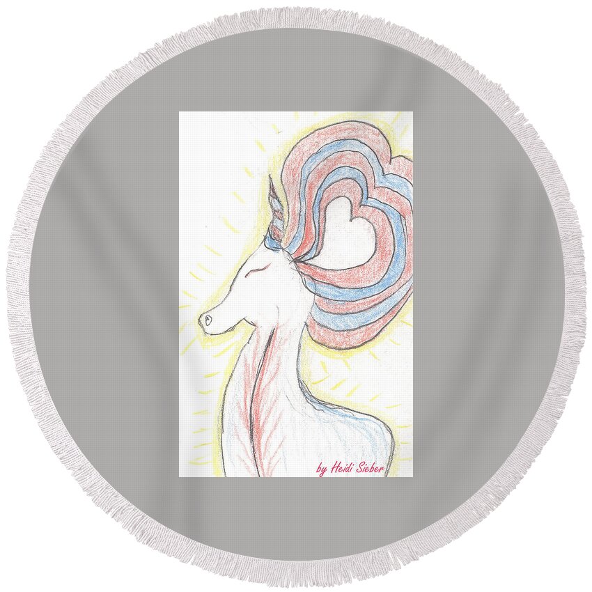 Bright Round Beach Towel featuring the drawing Heart-Unicorn-Drawing by Heidi Sieber