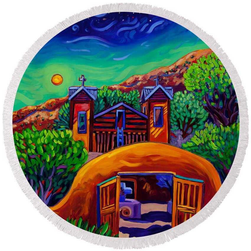 Chimayo Round Beach Towel featuring the painting Heavenly Chimayo by Cathy Carey