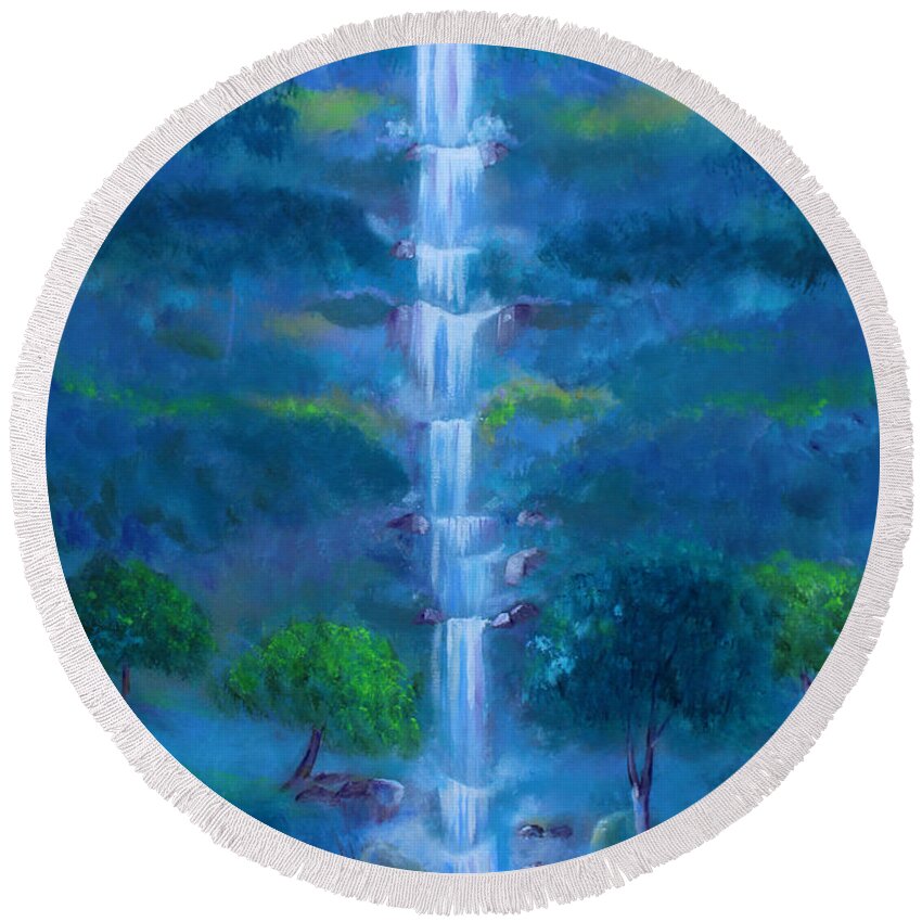 Landscape Round Beach Towel featuring the painting Heavenly Falls by Stacey Zimmerman