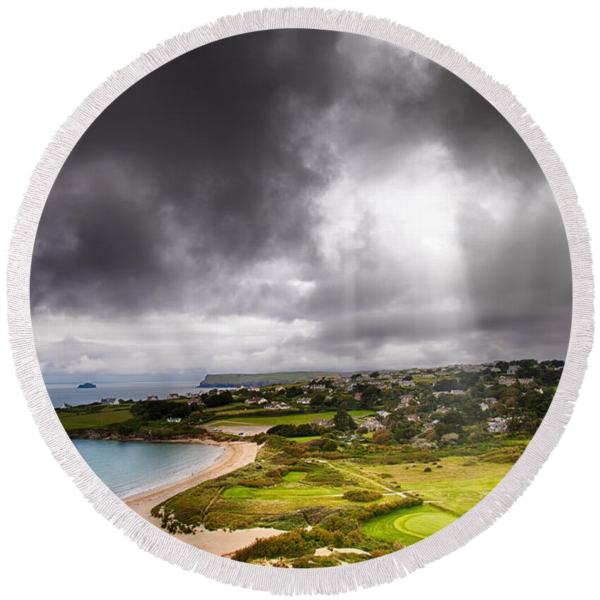  Landscape Round Beach Towel featuring the photograph Heavenly Light on Golf Course by Simon Bratt