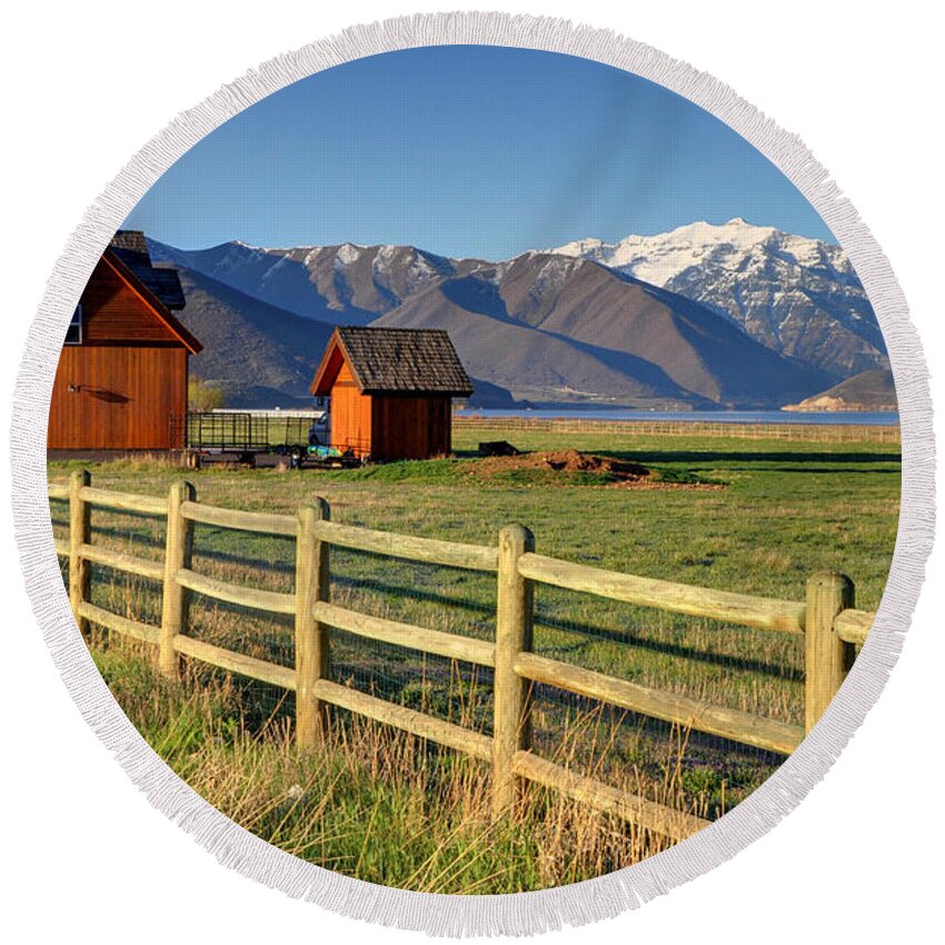 Heber Round Beach Towel featuring the photograph Heber Valley Ranch House - Wasatch Mountains by Gary Whitton