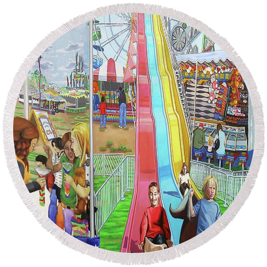 Hecksher Park Fair Round Beach Towel featuring the painting Hecksher Park Fair towel version by Bonnie Siracusa