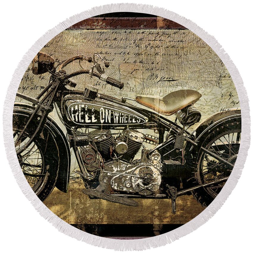 Mancave Round Beach Towel featuring the painting Hell On Wheels by Mindy Sommers
