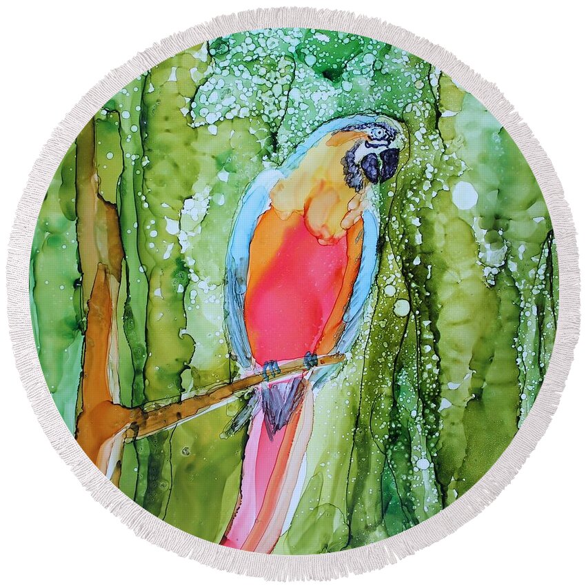 Parrot Round Beach Towel featuring the painting Hello Hello by Ruth Kamenev
