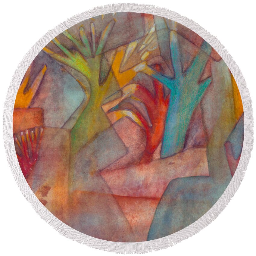 Abstract Round Beach Towel featuring the painting Helping hands by Suzy Norris
