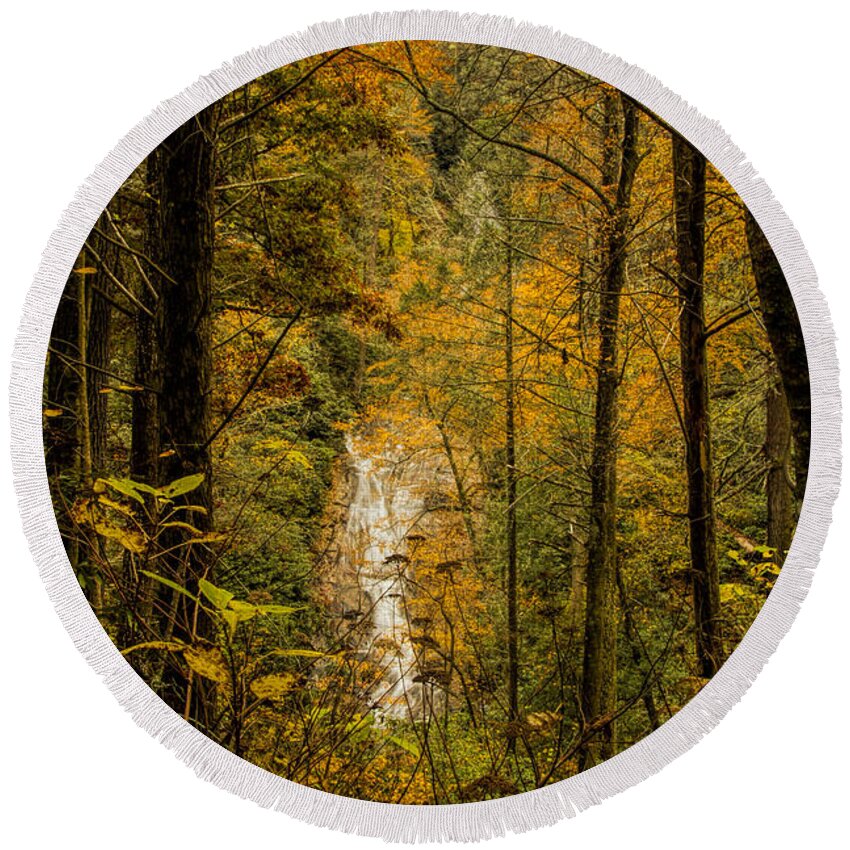 Helton Falls Round Beach Towel featuring the photograph Helton Falls through the leaves by Barbara Bowen