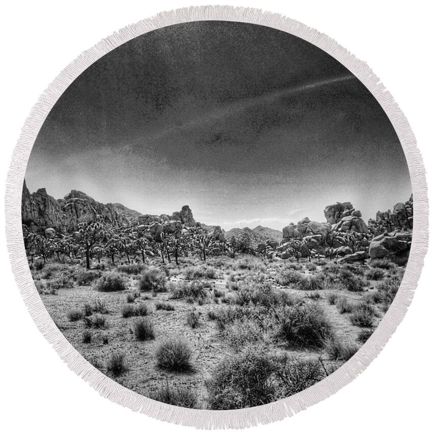 Joshua Tree Round Beach Towel featuring the photograph Hemingway Landscape 1 - BW by Kyle Mcdonough