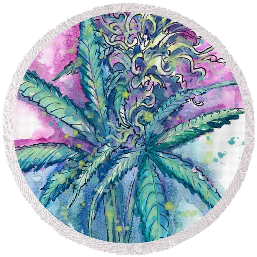 Botanical Round Beach Towel featuring the painting Hemp Blossom by Ashley Kujan