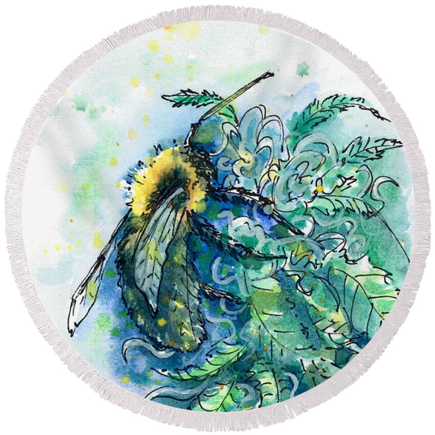 Hemp Flower Round Beach Towel featuring the painting Hemp Flower Honey Bee by Ashley Kujan