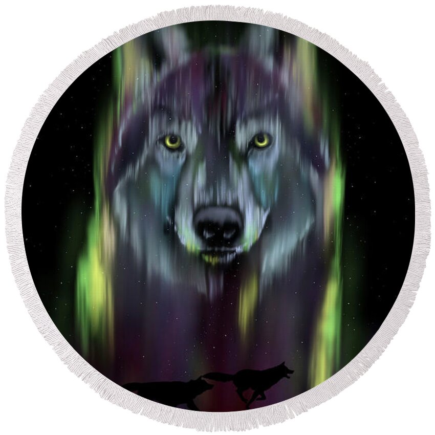 Wolf Round Beach Towel featuring the digital art Her Eyes Were Like Twin Moons by Norman Klein