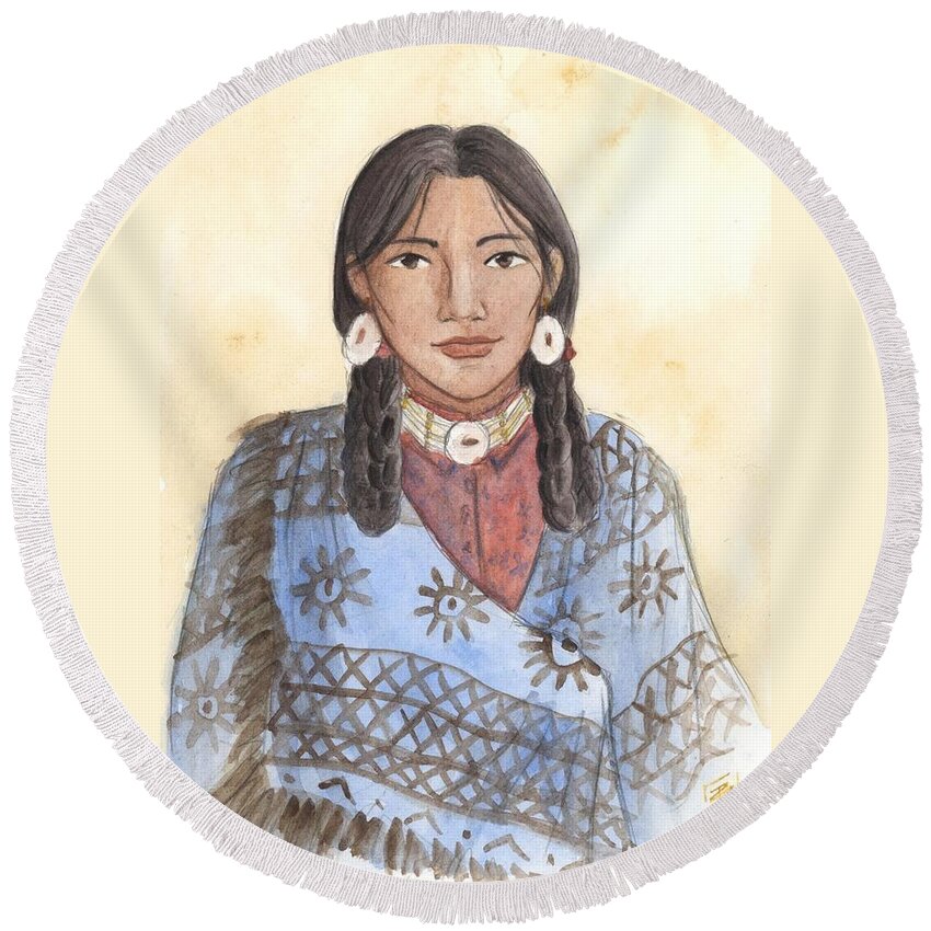 Native American Round Beach Towel featuring the painting Her Mother's Blanket by Brandy Woods