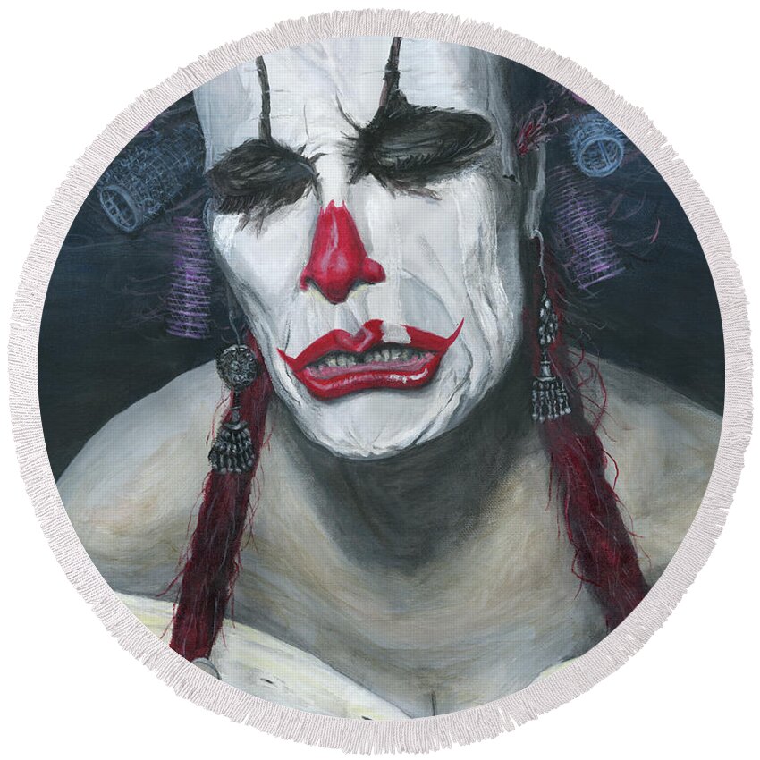 Clown Round Beach Towel featuring the painting Her Tears by Matthew Mezo