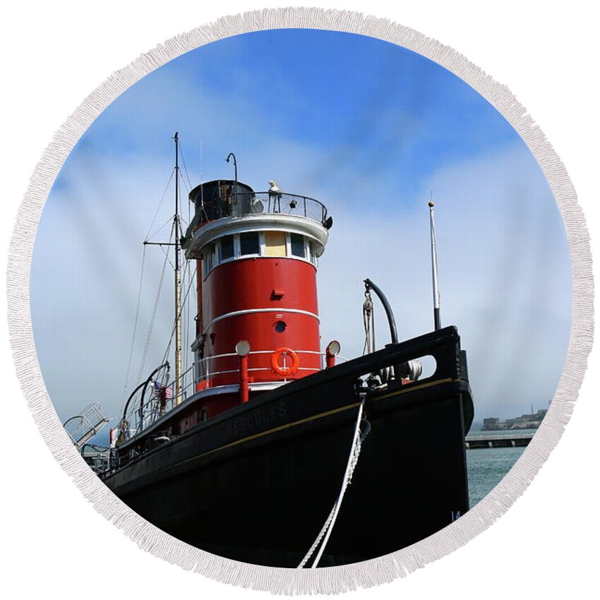 Hercules Steam Tugboat Round Beach Towel featuring the photograph Hercules Steam Tugboat by Christiane Schulze Art And Photography