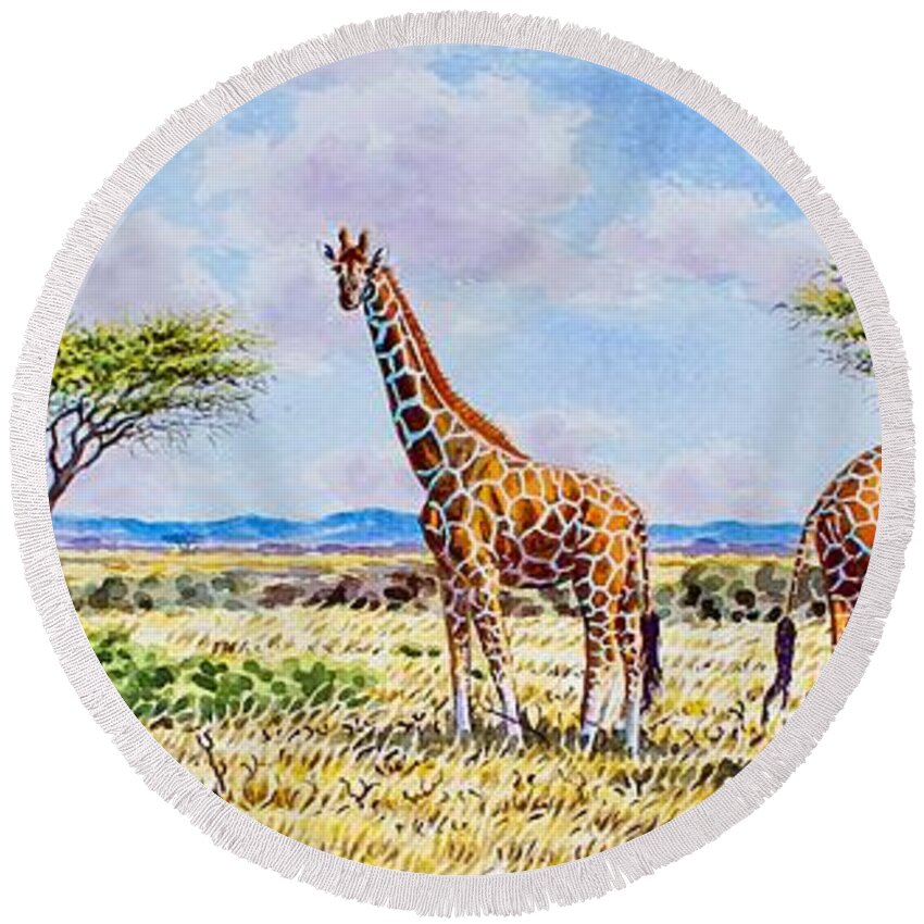 Africa Round Beach Towel featuring the painting Herd of Giraffe by Joseph Thiongo
