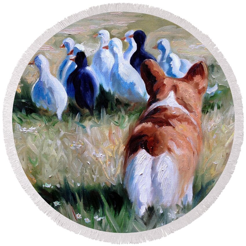 Corgi Round Beach Towel featuring the painting Herding Ducks by Mary Sparrow