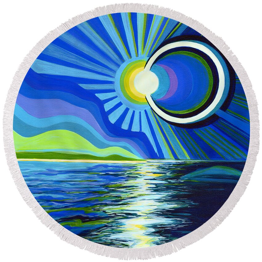 Total Solar Eclipse Round Beach Towel featuring the painting Here Come The Sun by Tanya Filichkin