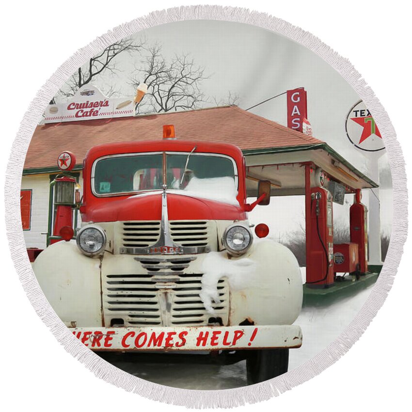 Here Comes Help Round Beach Towel featuring the photograph Here Comes Help by Lori Deiter