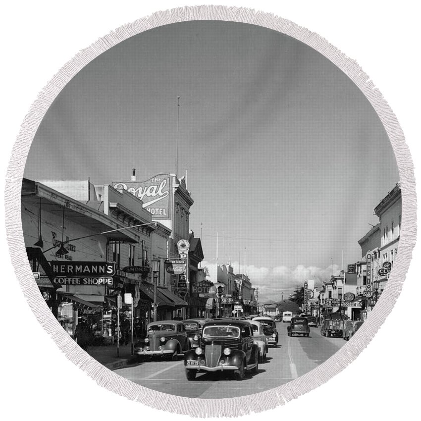Alvarado Street Round Beach Towel featuring the photograph Hermans Coffee Shop, The Royal Hotel, Blue Bell Coffe Shop, Alvarado St. 1946 by Monterey County Historical Society