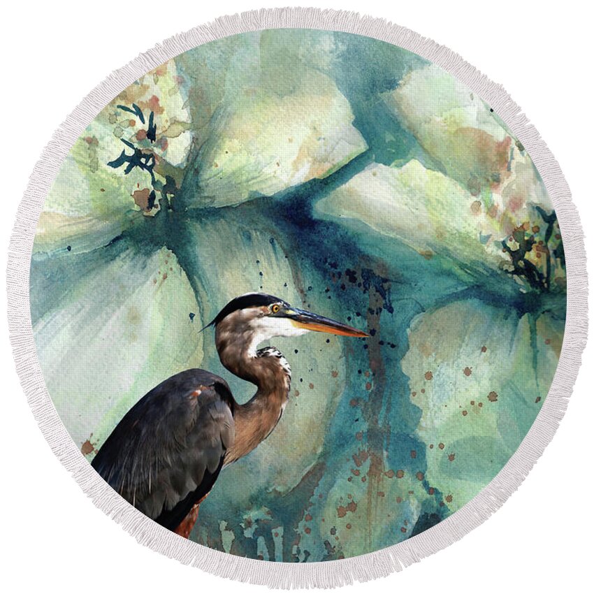 #creativemother Round Beach Towel featuring the painting Heron in Teal by Francelle Theriot