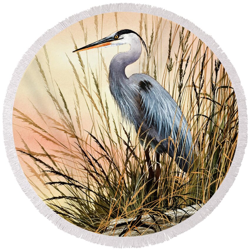 Heron Round Beach Towel featuring the painting Heron Sunset by James Williamson