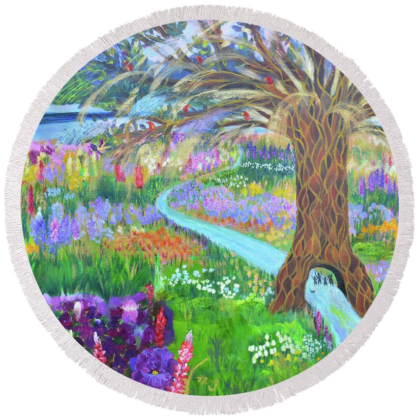 God Round Beach Towel featuring the painting Hesed His Steadfast Love by Anne Cameron Cutri