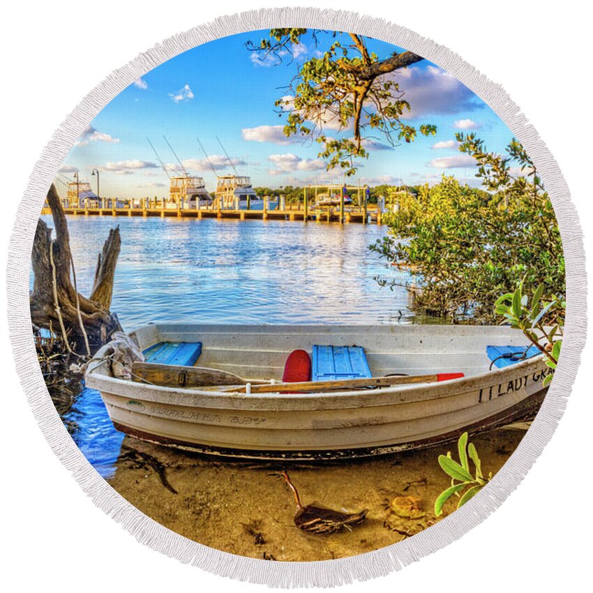 Boats Round Beach Towel featuring the photograph Hidden in the Mangroves by Debra and Dave Vanderlaan