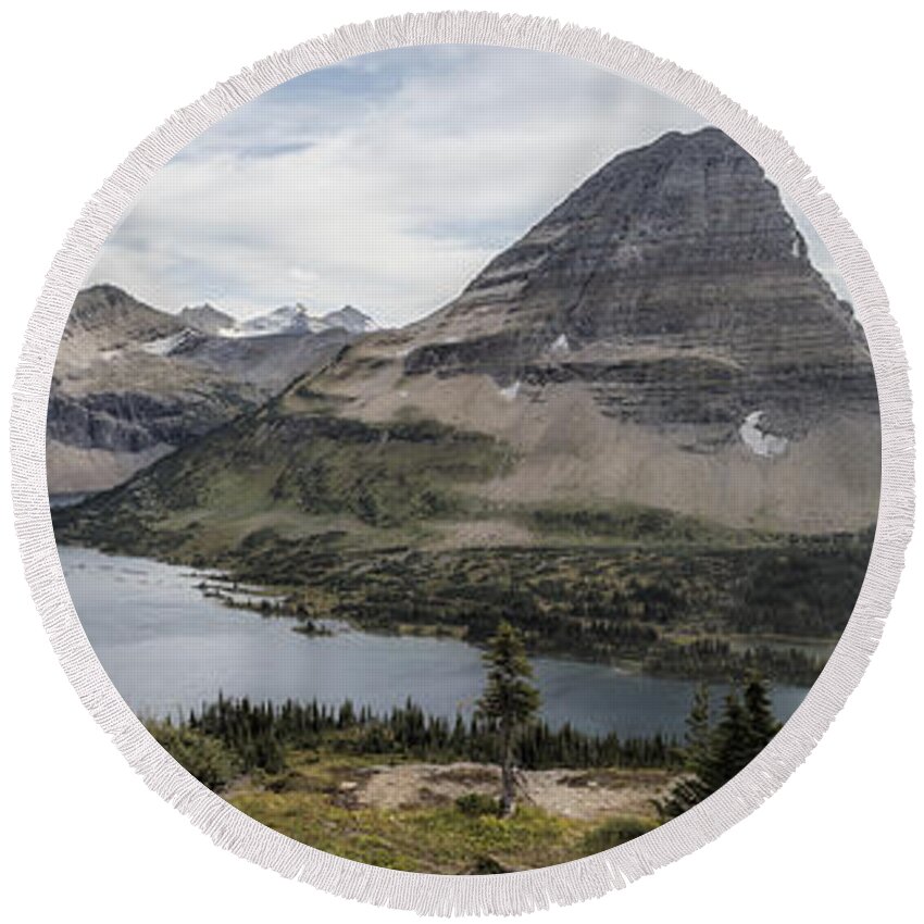 Hidden Lake Round Beach Towel featuring the photograph Hidden Lake and Bearhat Mountain Panorama - Late Afternoon by Belinda Greb