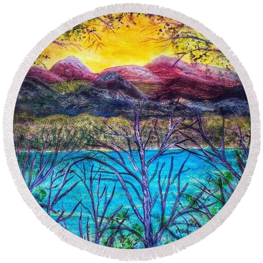 Lake Round Beach Towel featuring the painting Hidden Lake by Anne Sands