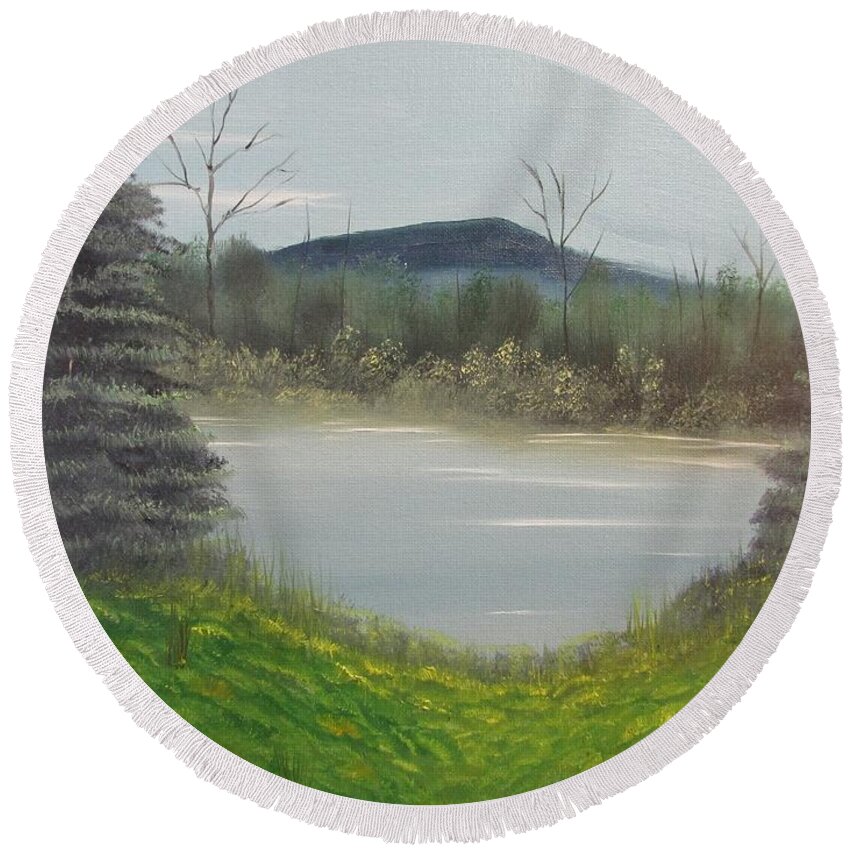 Trees Round Beach Towel featuring the painting Hidden pond by Thomas Janos