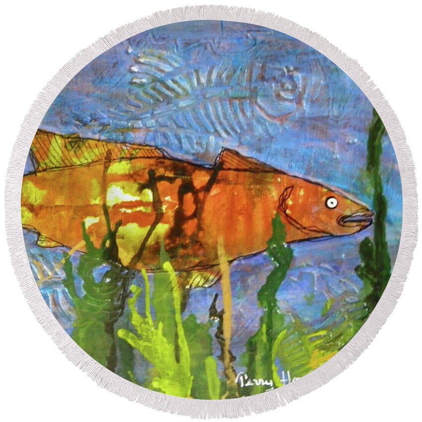 Fish Round Beach Towel featuring the painting Hiding Out by Terry Honstead