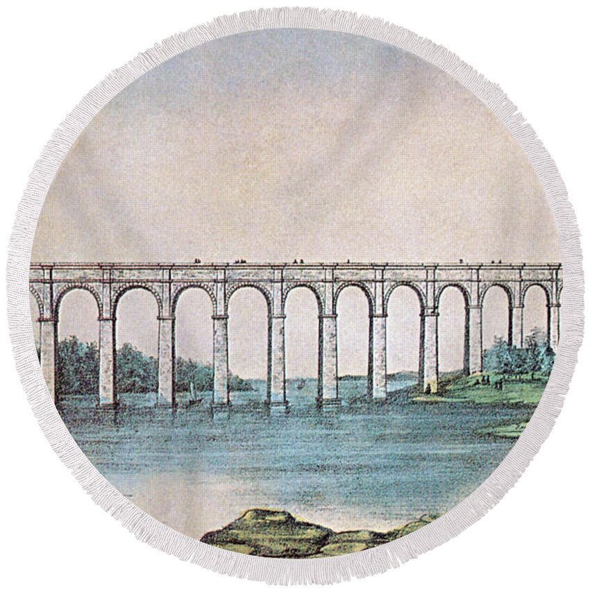 Architecture Round Beach Towel featuring the photograph High Bridge, New York, 19th Century by Photo Researchers