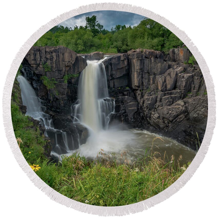 Grand Portage Round Beach Towel featuring the photograph High Falls by Gary McCormick