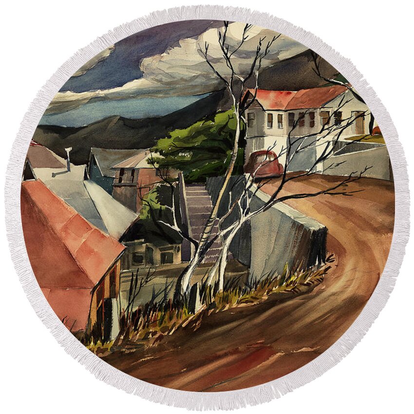 Landscape Round Beach Towel featuring the painting High Road at Jerome by Thomas Tribby