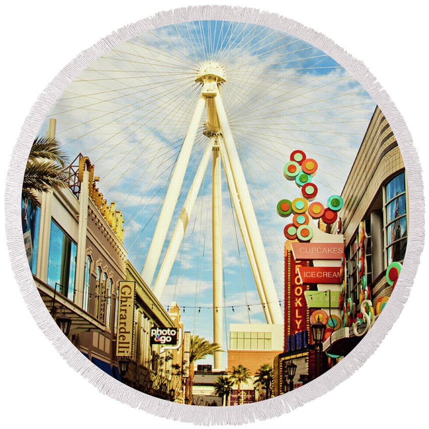 High Roller Wheel Round Beach Towel featuring the photograph High Roller Wheel, Las Vegas by Tatiana Travelways