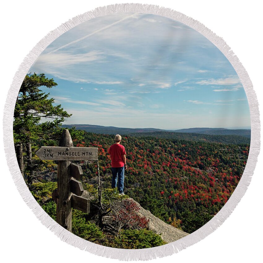 Sign Round Beach Towel featuring the photograph Hiker in Acadia National Park by Kevin Shields