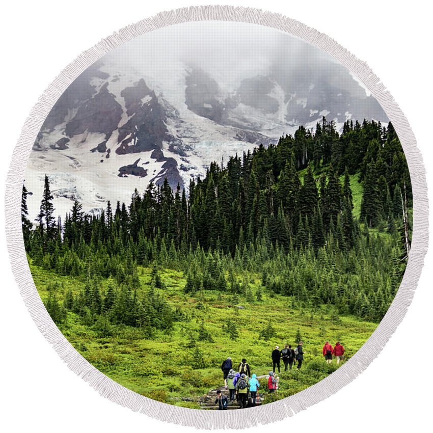 Cascade Round Beach Towel featuring the photograph Hiking on Mount Rainier by Roslyn Wilkins