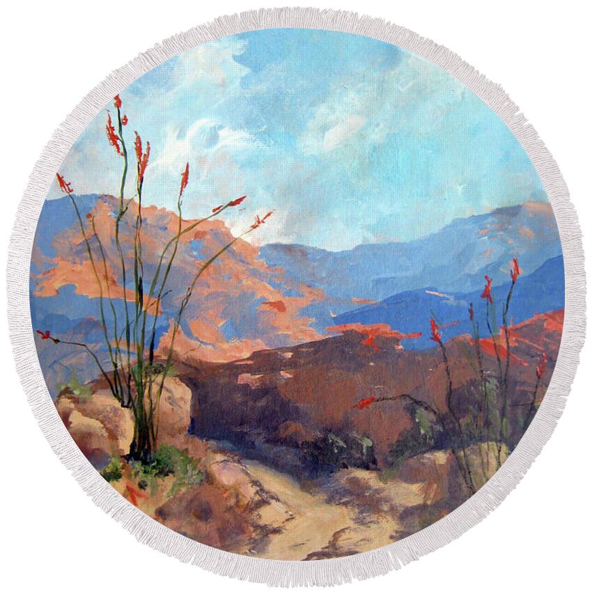 Framed Desert Scape Round Beach Towel featuring the painting Hiking the Santa Rosa Mountains by Maria Hunt