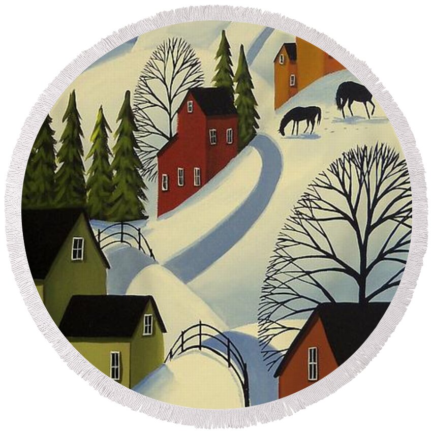 Winter Round Beach Towel featuring the painting Hills Of Winter - snow landscape by Debbie Criswell