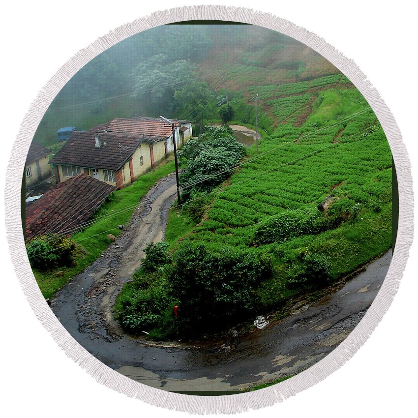 India Round Beach Towel featuring the photograph Hillside dwellings near Coonoor, India by Misentropy