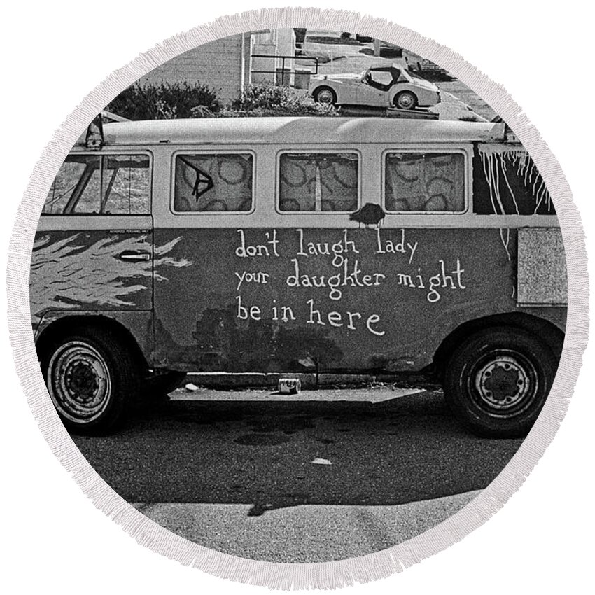 Black And White Round Beach Towel featuring the photograph Hippie Van, San Francisco 1970's by Frank DiMarco