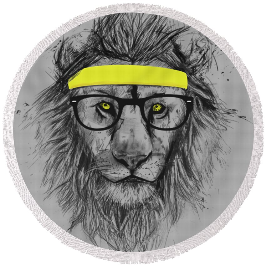 Lion Round Beach Towel featuring the drawing Hipster lion by Balazs Solti