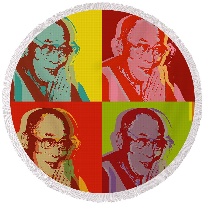 Lama Round Beach Towel featuring the digital art His Holiness the Dalai Lama of Tibet by Jean luc Comperat